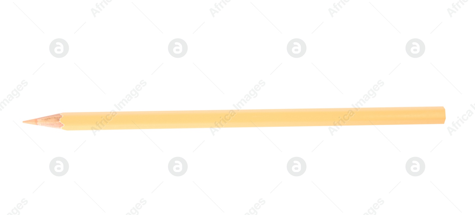 Photo of Apricot wooden pencil on white background, top view. School stationery