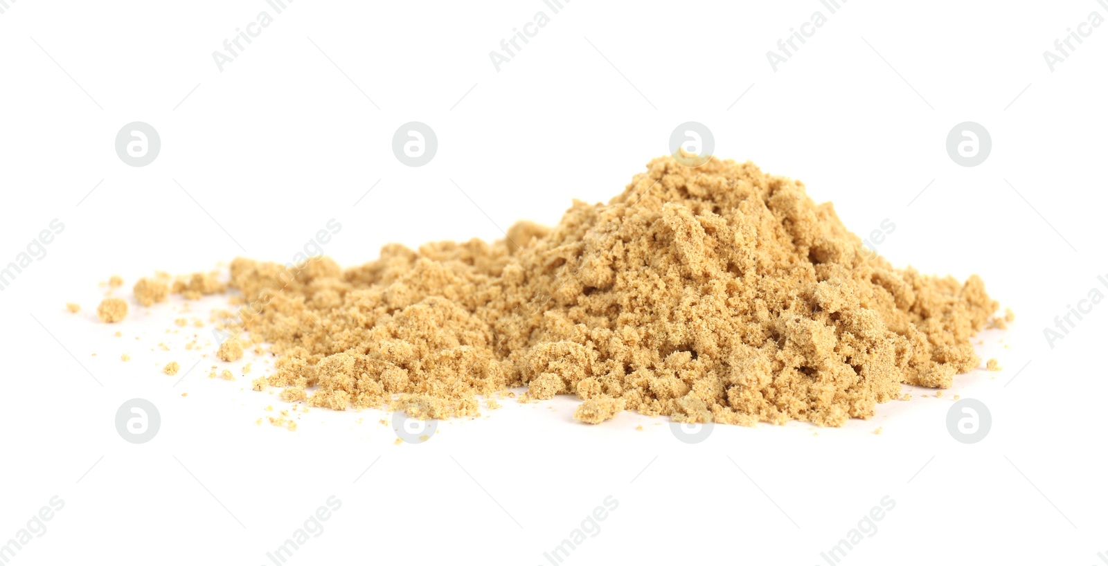 Photo of Heap of aromatic mustard powder on white background