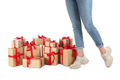 Woman and gift boxes on white background, closeup. Black Friday Sale