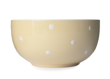 Photo of One yellow ceramic bowl isolated on white