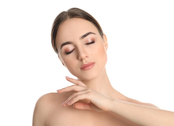 Portrait of young woman with beautiful face on white background