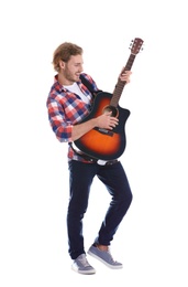 Photo of Young man playing acoustic guitar on white background