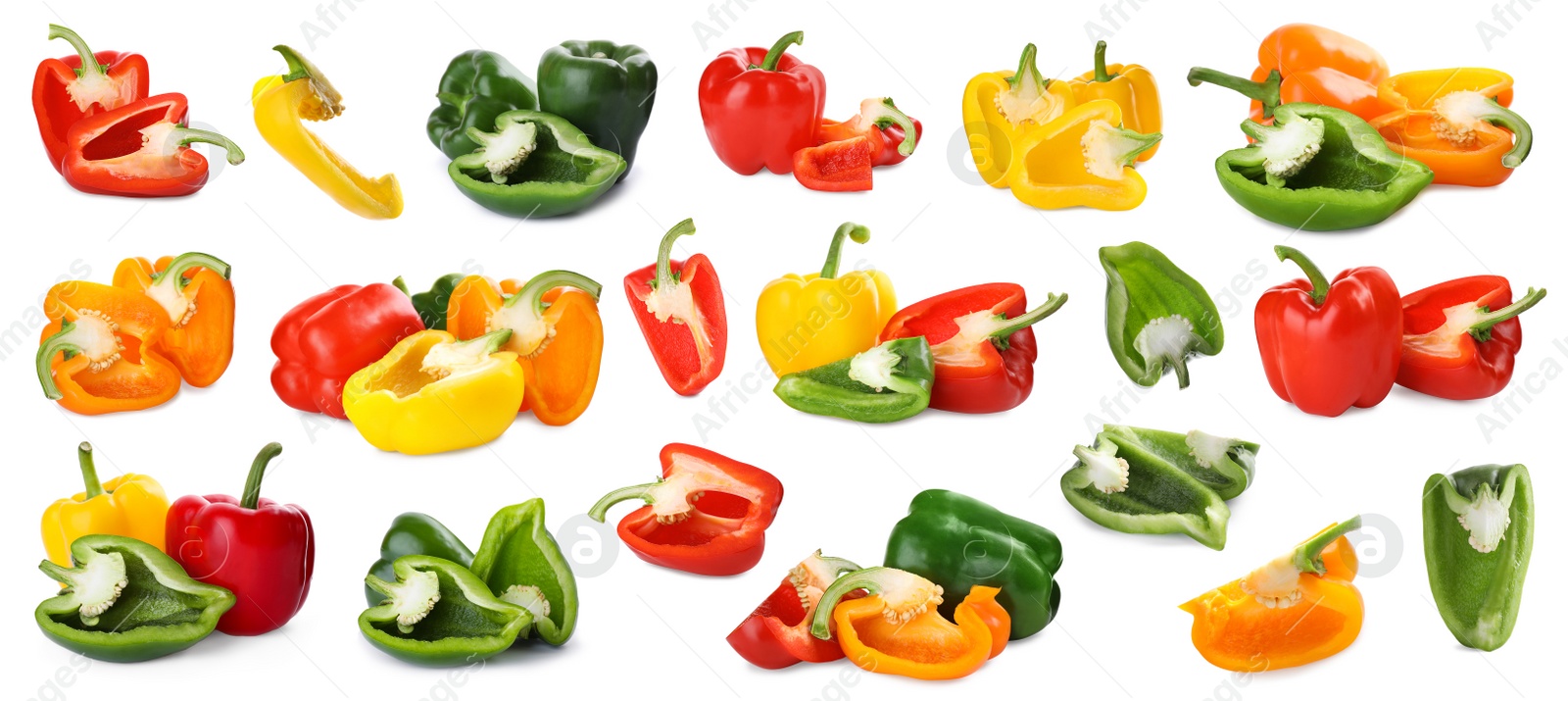 Image of Set of different ripe bell peppers on white background