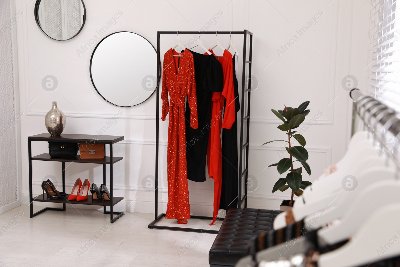 Photo of Collection of trendy women's garments in clothing rental salon