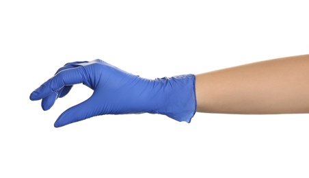 Photo of Woman in blue latex gloves holding something on white background, closeup of hand