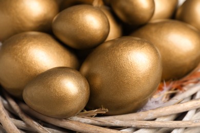 Photo of Many shiny golden eggs in nest, closeup