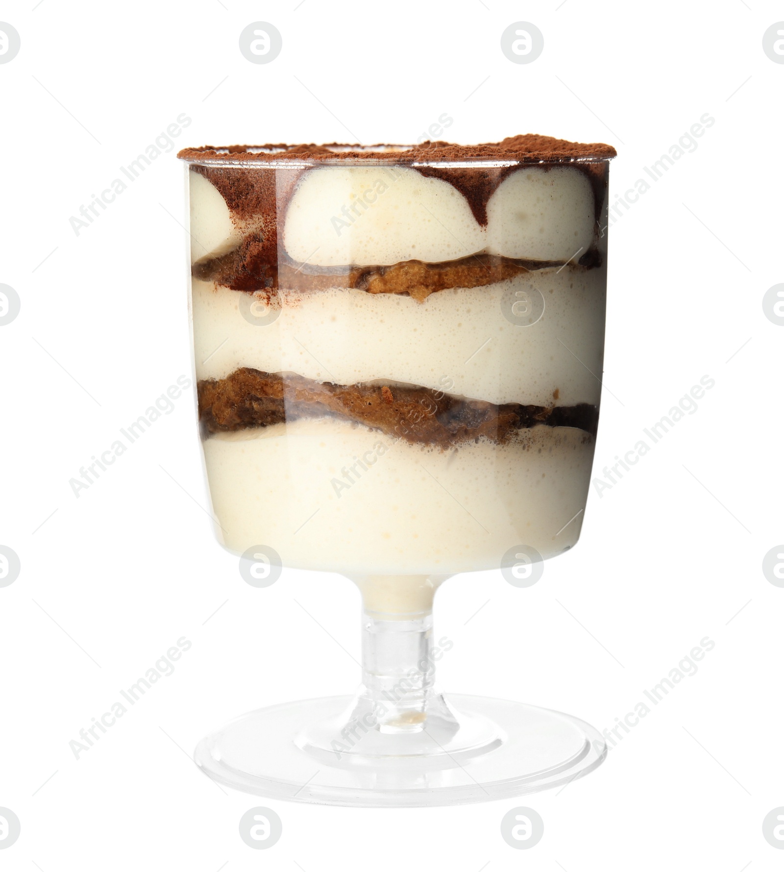 Photo of Delicious tiramisu cake in glass isolated on white