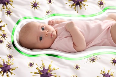 Cute little baby with strong immunity on bed. Bright outline around child symbolizing shield against viruses, illustration