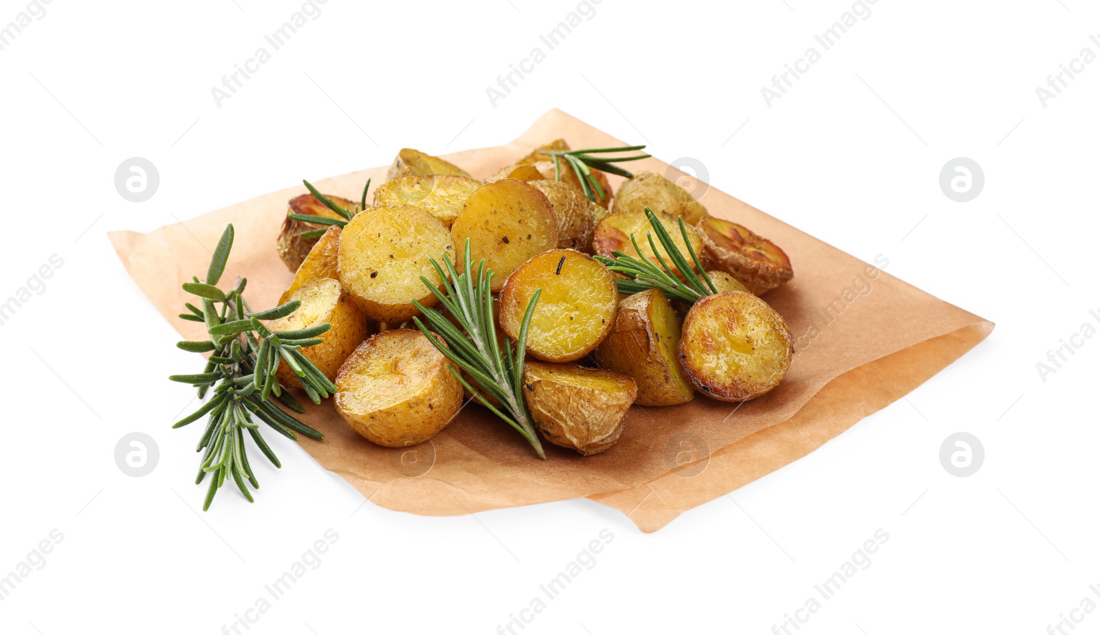 Photo of Tasty baked potato and aromatic rosemary isolated on white