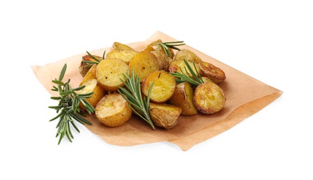 Tasty baked potato and aromatic rosemary isolated on white