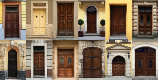 Image of Collage with photos of old buildings with elegant wooden front doors. Banner design