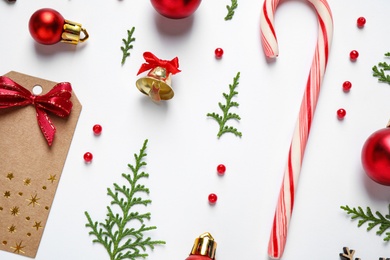Photo of Flat lay composition with Christmas decor on white background