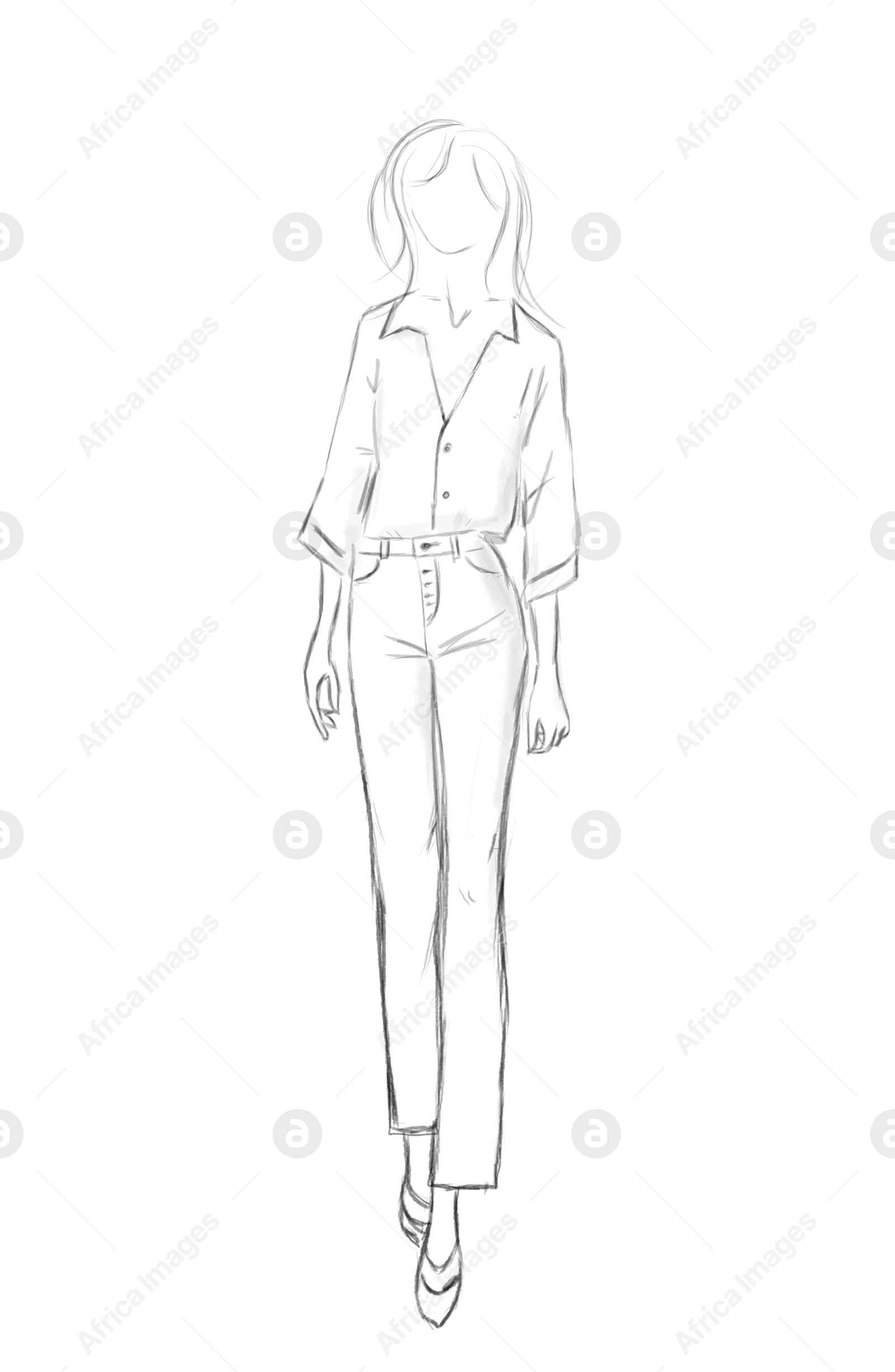 Illustration of Fashion sketch. Model wearing stylish clothes on white background, illustration