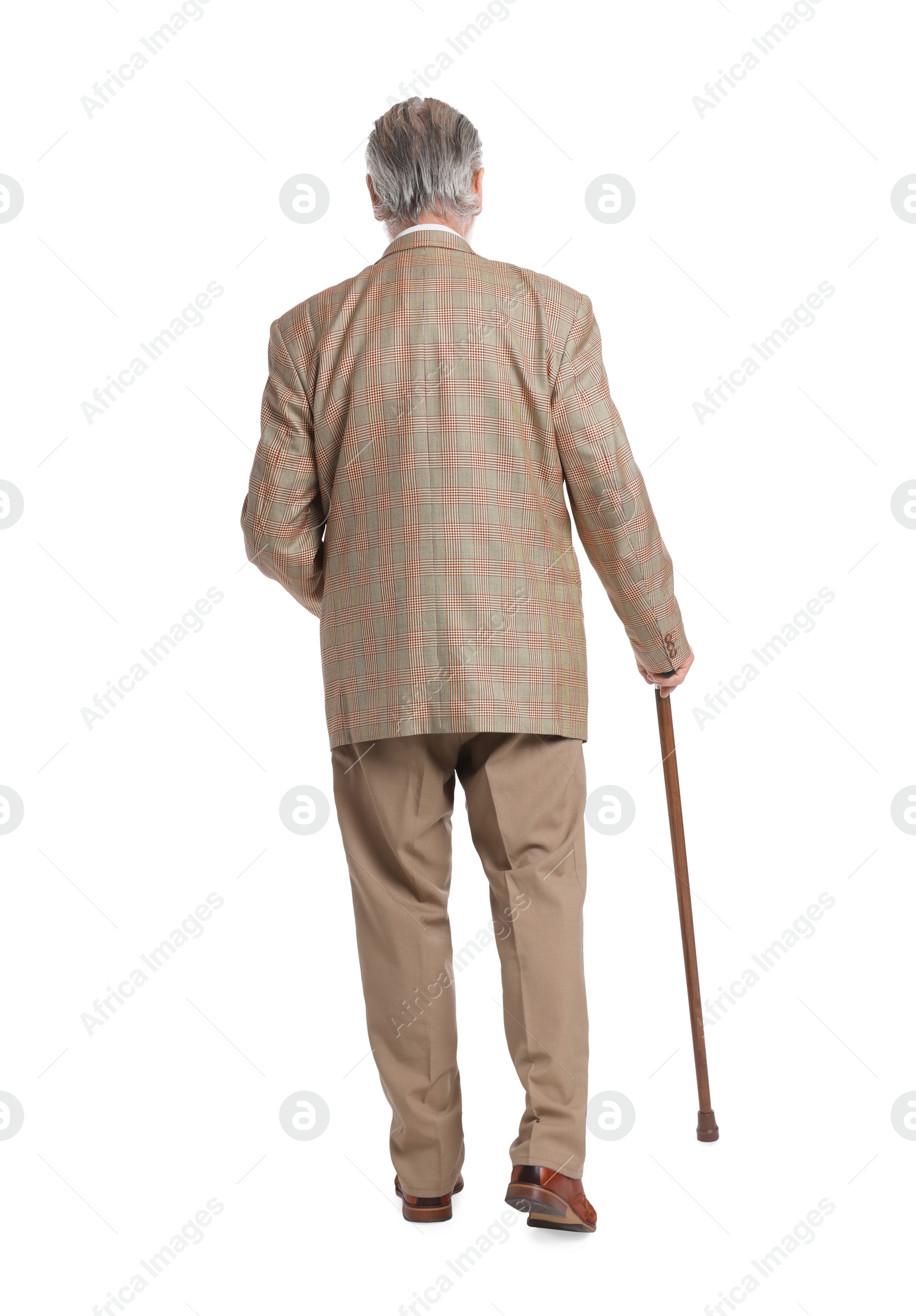 Photo of Senior man with walking cane on white background, back view