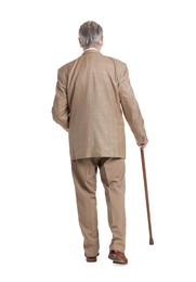 Photo of Senior man with walking cane on white background, back view
