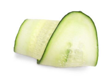 Photo of Slice of fresh cucumber isolated on white, top view