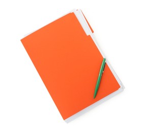 Photo of Orange file with documents and green pen isolated on white, top view