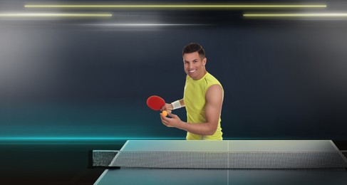 Man playing ping pong on color background