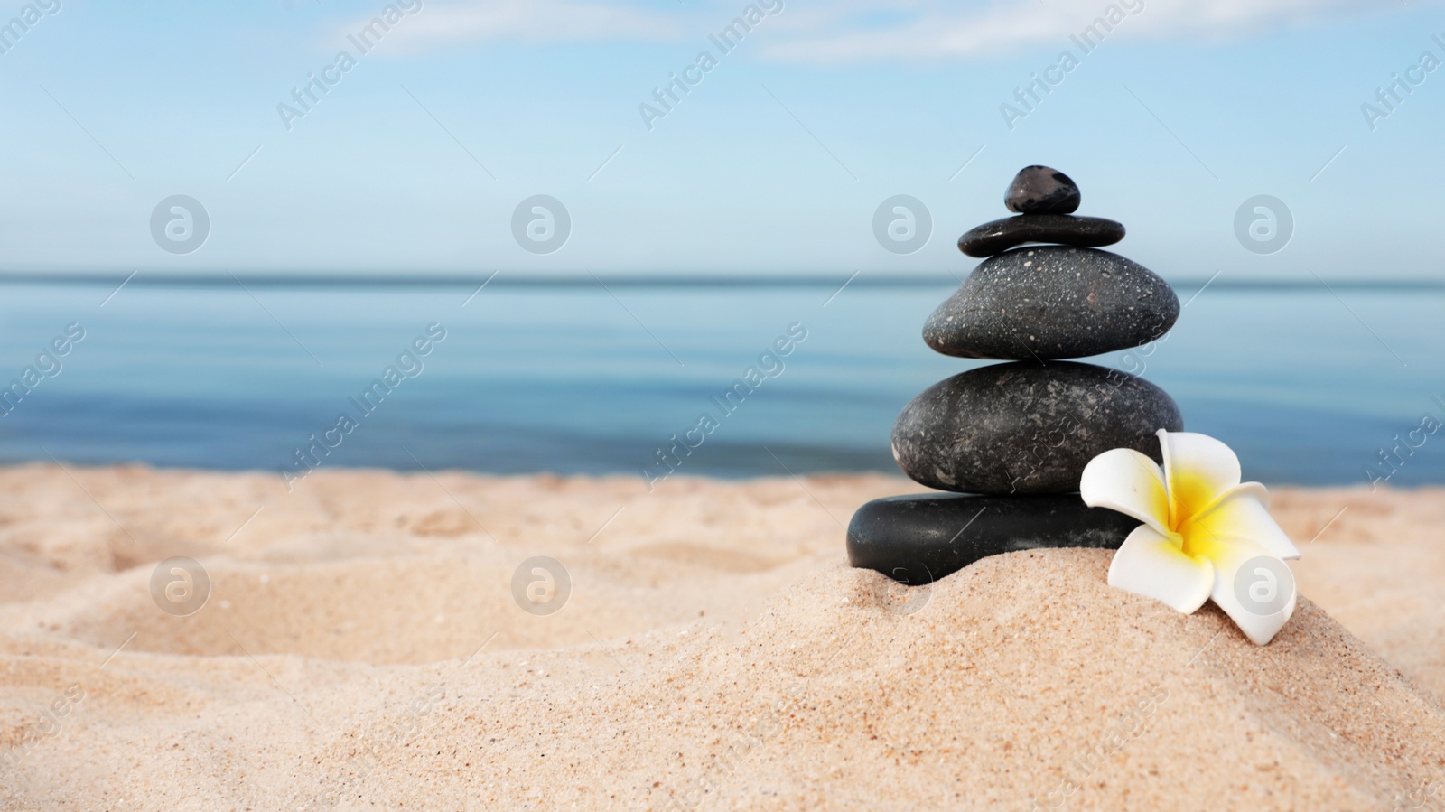 Photo of Stack of dark stones and flower on sand near sea, space for text. Zen concept