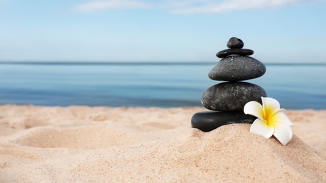 Photo of Stack of dark stones and flower on sand near sea, space for text. Zen concept