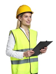 Photo of Engineer in hard hat holding clipboard on white background