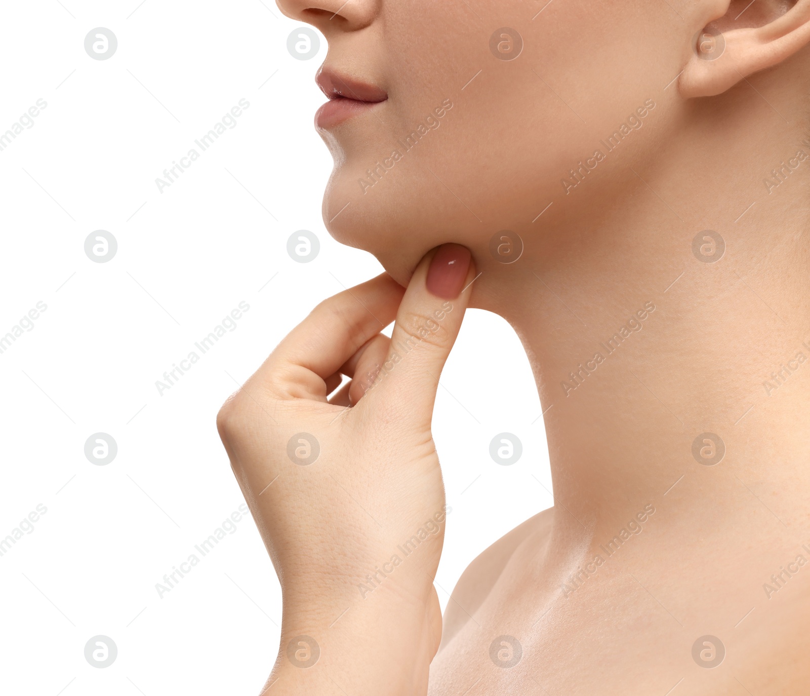 Photo of Woman touching her chin on white background, closeup