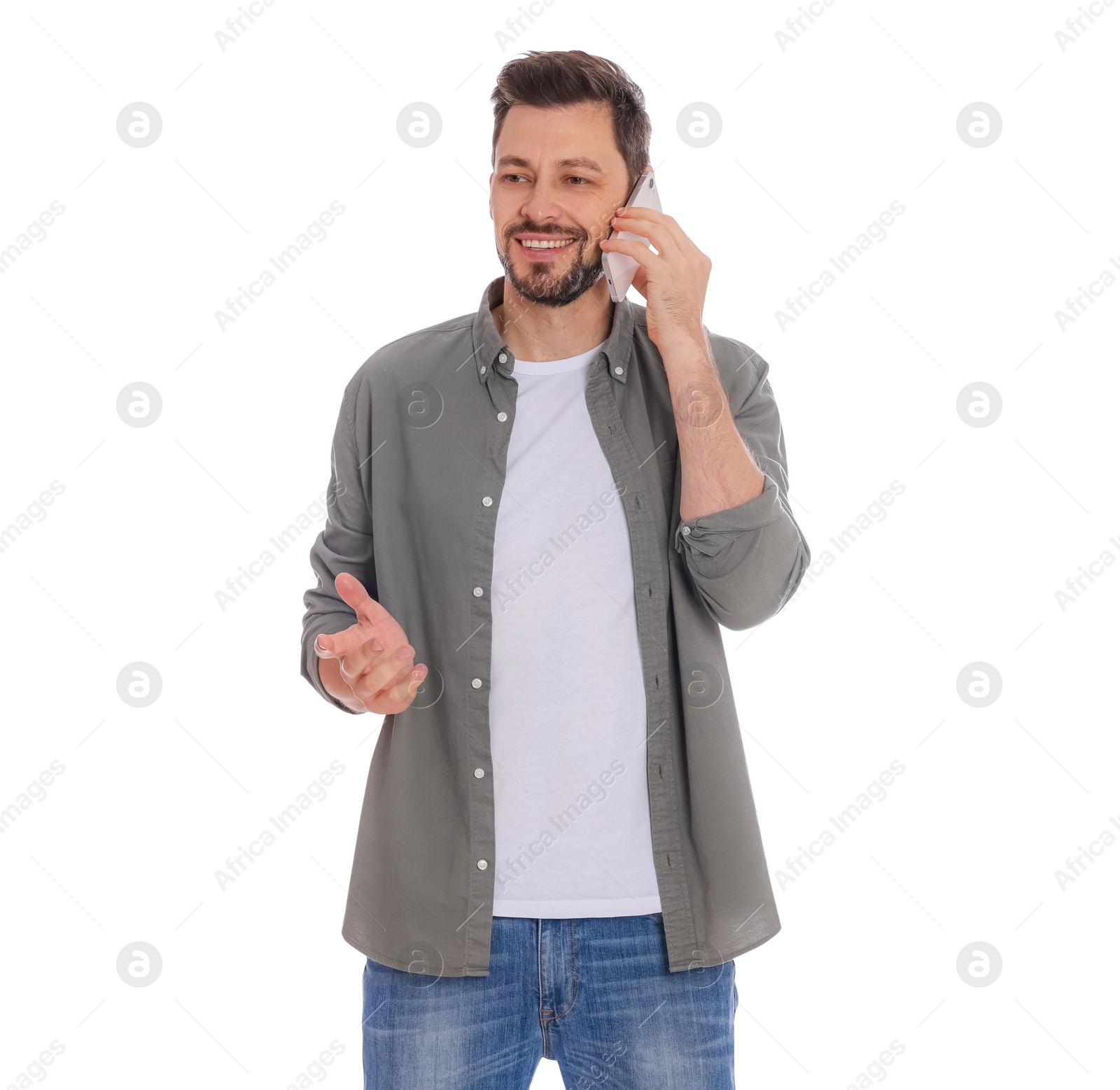 Photo of Man talking on phone against white background