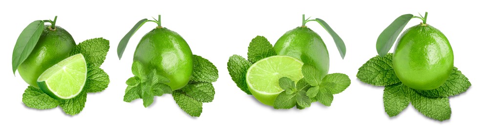 Image of Fresh ripe limes and green mint leaves isolated on white, set