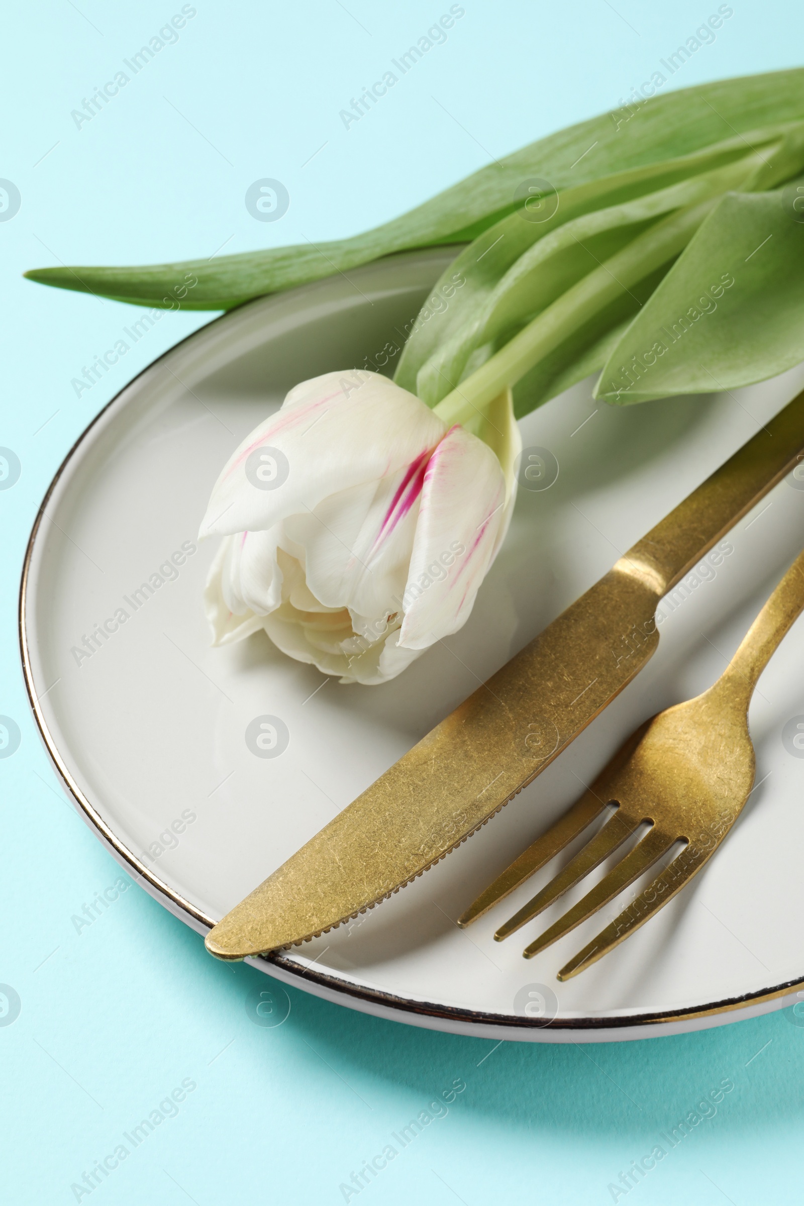 Photo of Stylish table setting with cutlery and tulips on light blue background