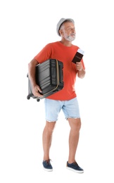 Senior man with suitcase and passport on white background. Vacation travel