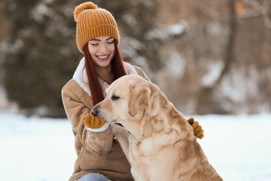 Photo of Beautiful young woman feeding adorable Labrador Retriever on winter day outdoors