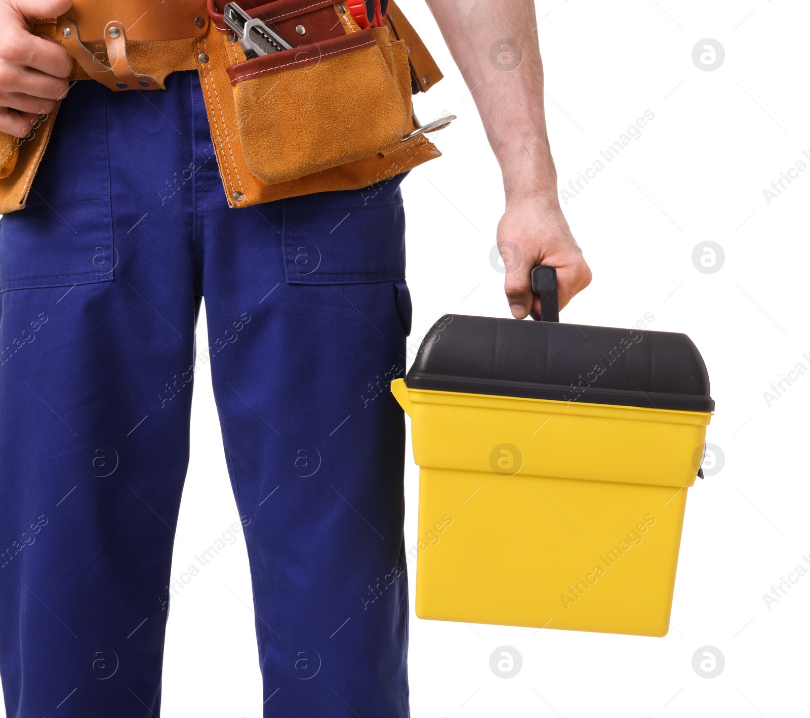 Photo of Professional repairman with tool box on white background