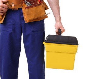 Photo of Professional repairman with tool box on white background