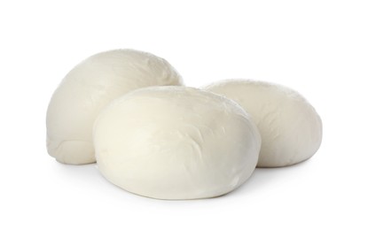 Photo of Delicious mozzarella cheese balls on white background