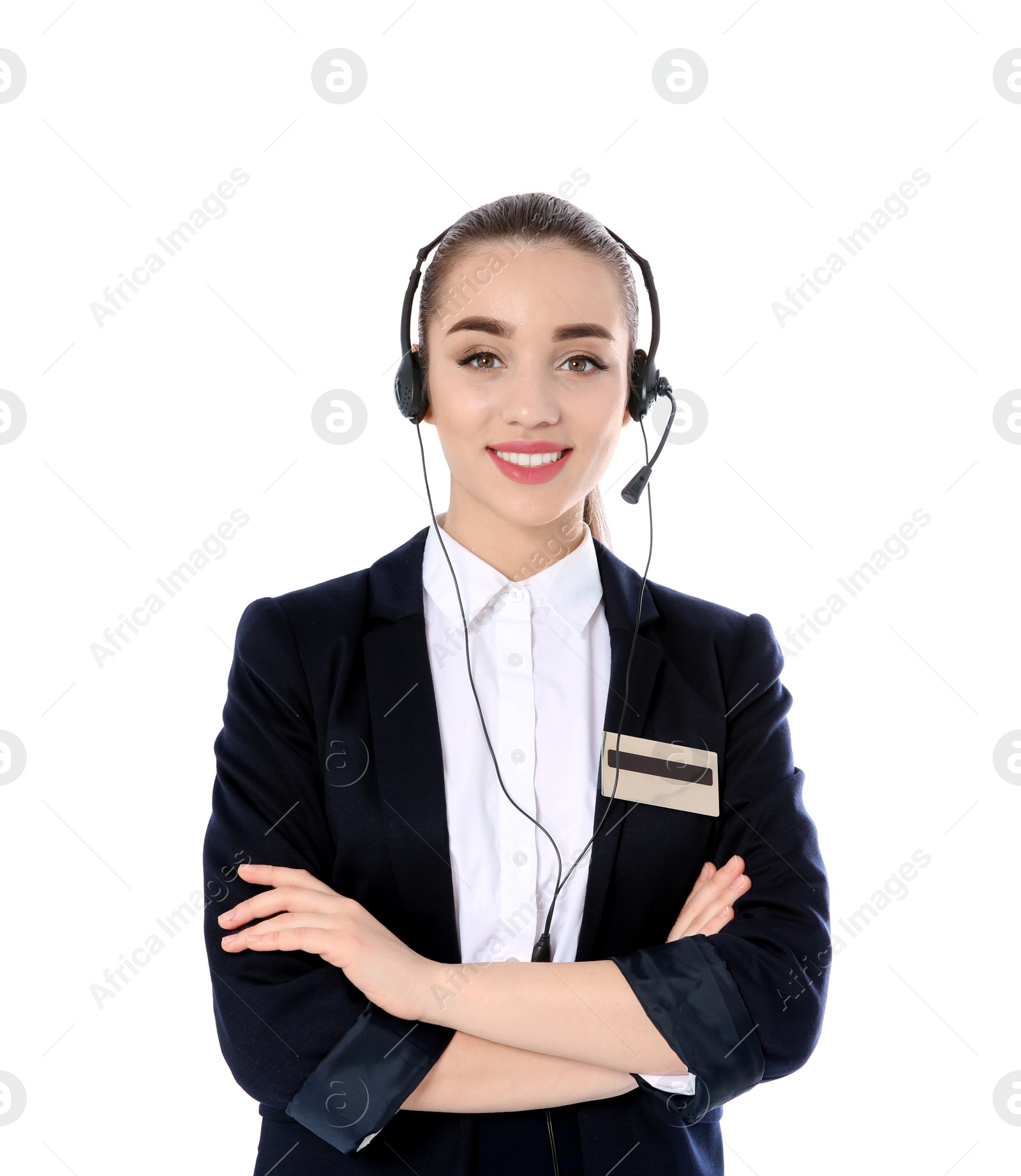 Photo of Female receptionist with headset on white background