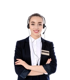 Female receptionist with headset on white background