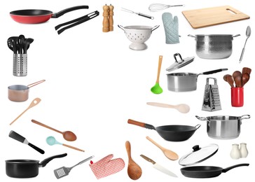Image of Frame of different kitchenware on white background, space for text