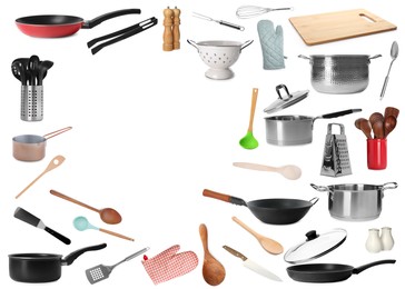 Frame of different kitchenware on white background, space for text