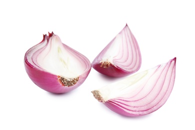 Photo of Fresh cut red onion on white background