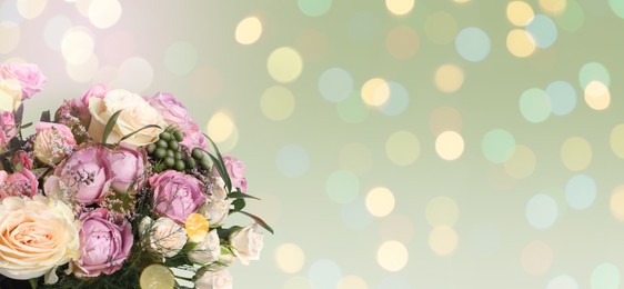 Image of Beautiful bouquet with roses on light background, space for text. Banner design