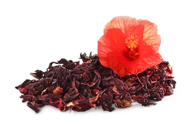 Photo of Dry hibiscus tea and beautiful flower on white background