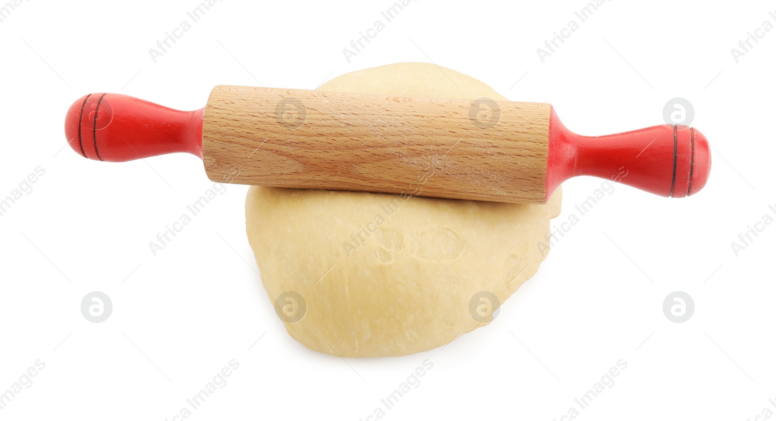 Photo of Raw dough and rolling pin isolated on white