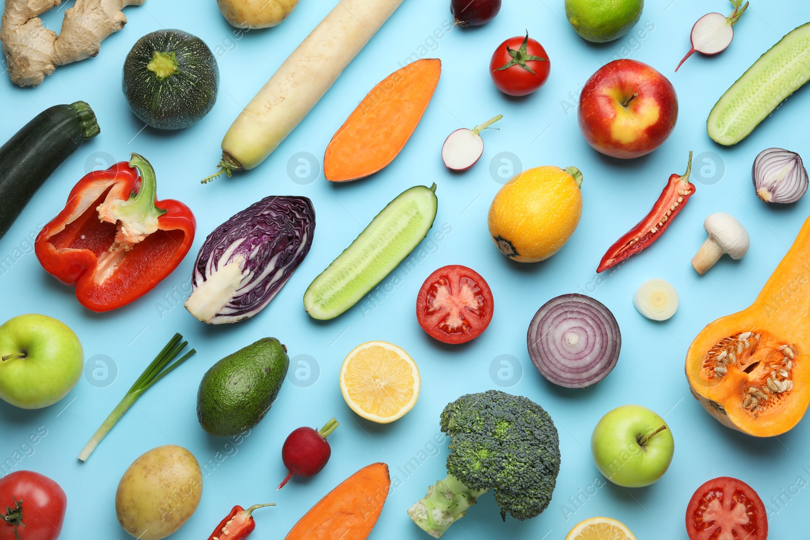Photo of Flat lay composition with fresh ripe vegetables and fruits on color background