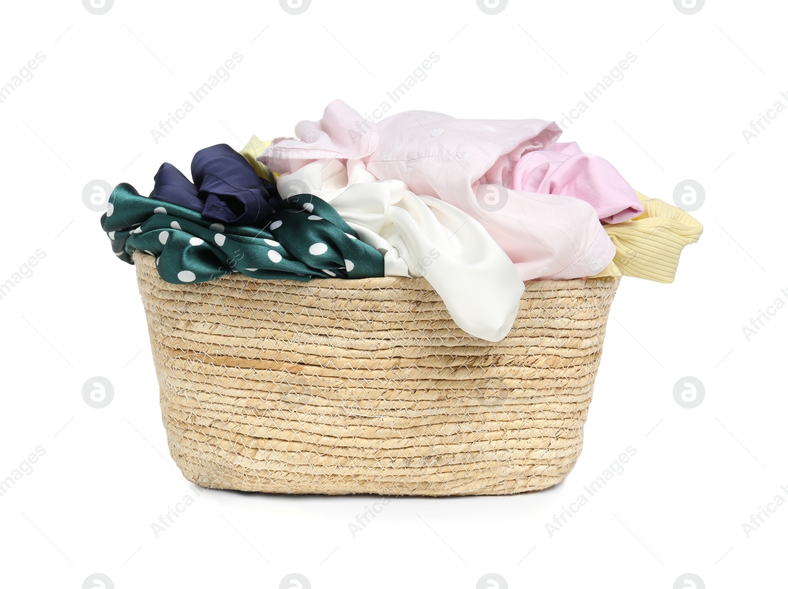 Photo of Wicker laundry basket with clean colorful clothes isolated on white