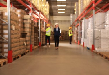 Manager and workers at warehouse, blurred view. Wholesale business