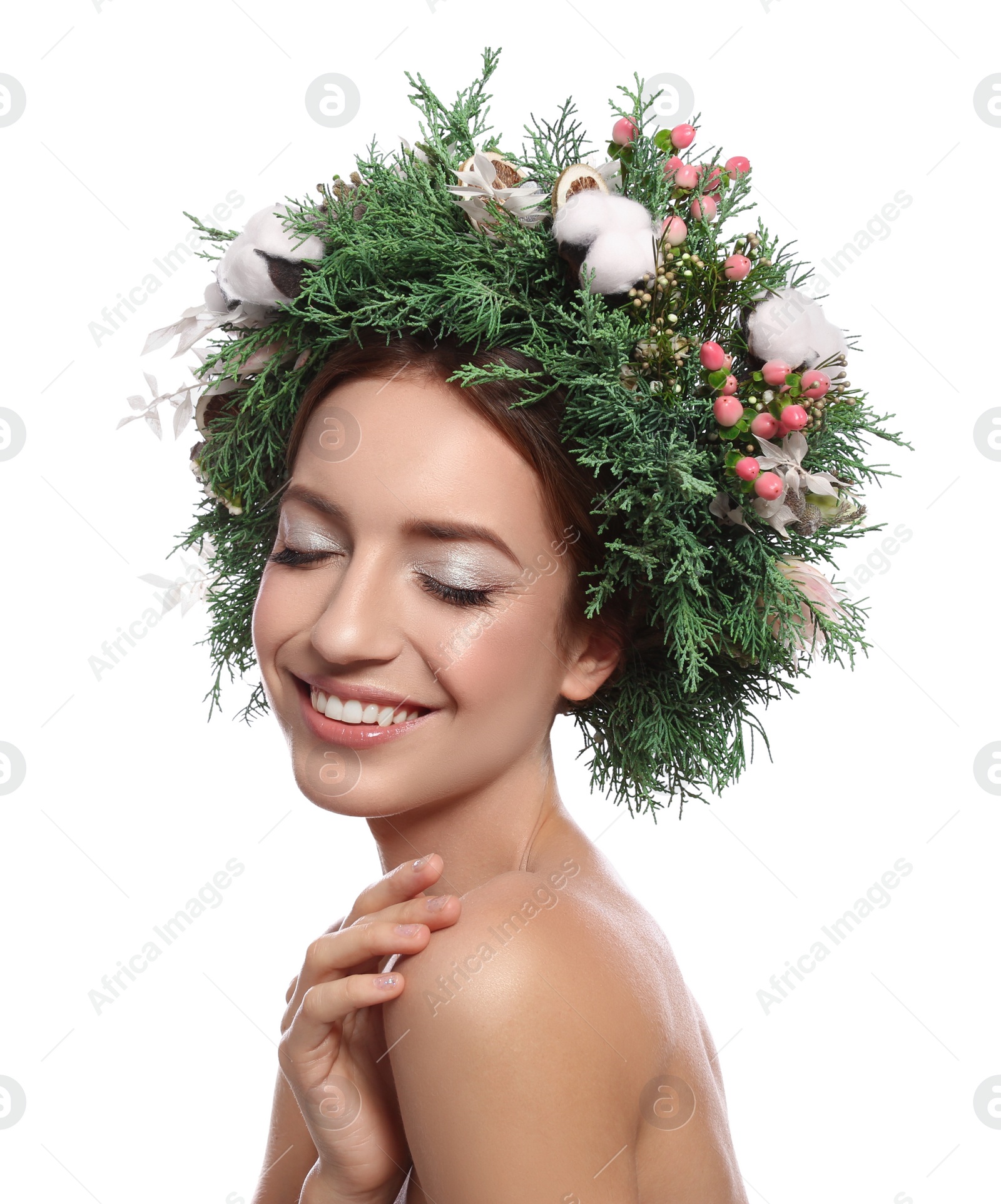 Photo of Happy young woman wearing wreath on white background