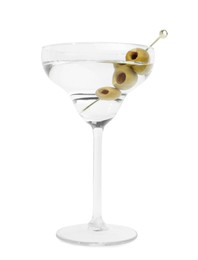 Photo of Martini cocktail with olives on white background