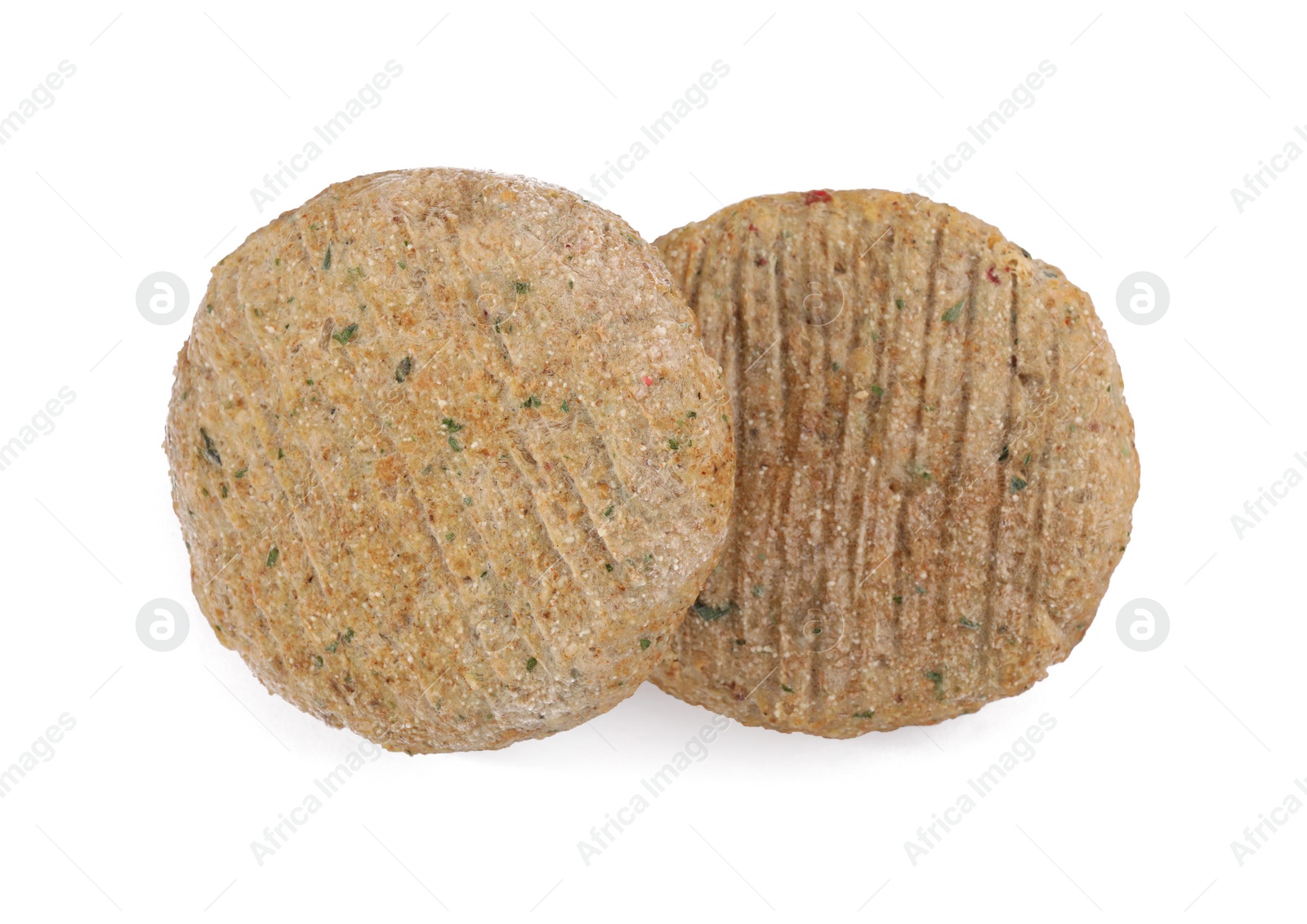 Photo of Raw vegan cutlets with breadcrumbs isolated on white, top view