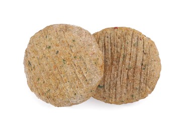 Photo of Raw vegan cutlets with breadcrumbs isolated on white, top view