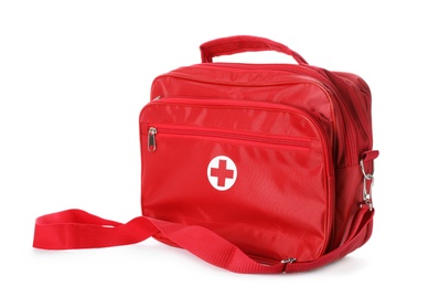 Photo of First aid kit on white background. Health care